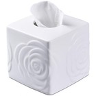 White Ceramic Rose Tissue Box Cover, Carved Flowers Large Square Tissue Box H.