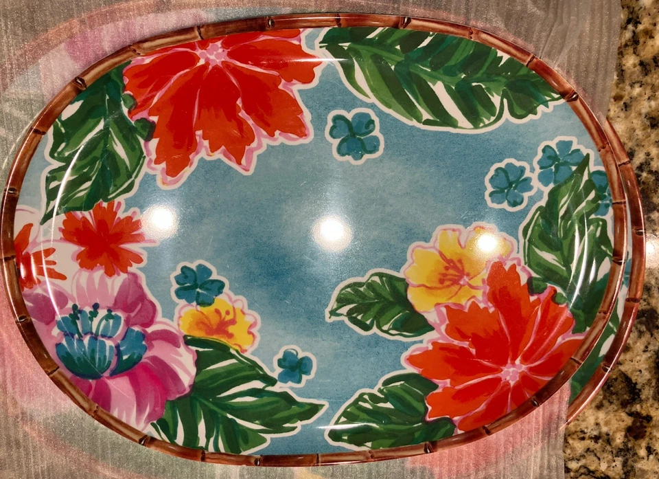 Набор из 3 овальных сервировочных тарелок Sur La с цветочным, бамбуковым принтом по краям - Изображение 2 из 4