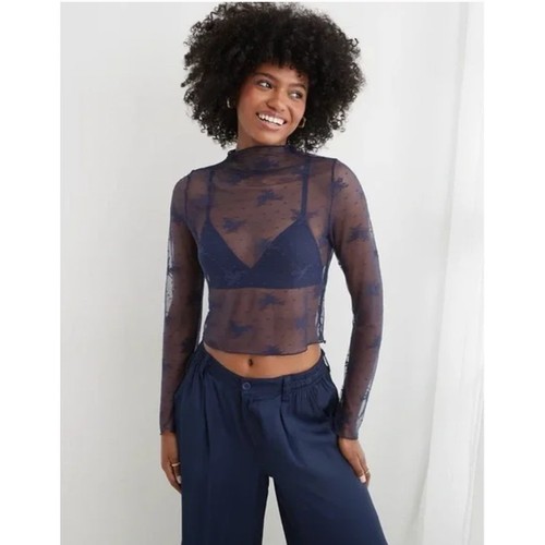 NEW Aerie Womens XS Sheer Navy Long Sleeve Level Up Lace Layering Top Mock Neck - Picture 2 of 17