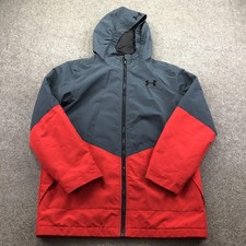 Under Armour Jacket Youth Large Red Gray Hooded ColdGear Parka Winter Insulated