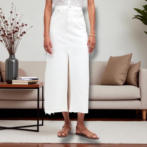 Madewell The Rilee Tile White Split Front Raw Hem Denim Skirt sz 29 NQ802 - Picture 2 of 12