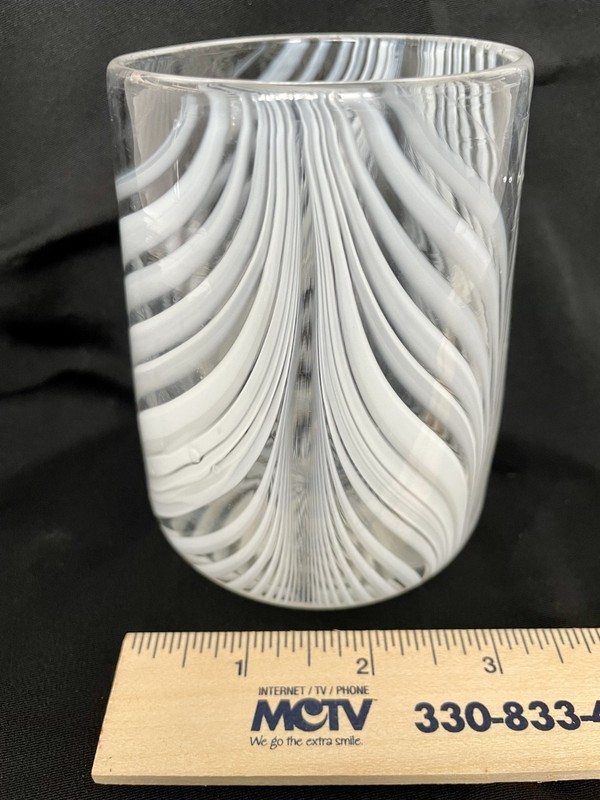 Vintage Clear Glass Tumbler with White Opalescent Swirl