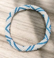 Handmade Nepal Roll-On Beaded Bracelet Seed Bead Crochet Bangle White Aqua Beads