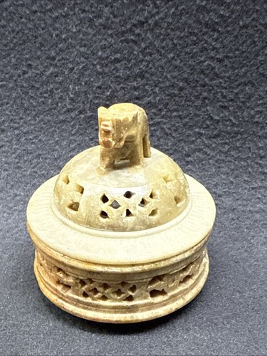 Elephant Trinket Box Soap Stone Hand Carved Piece Hindu Indian Vintage Alabaster - Picture 4 of 11