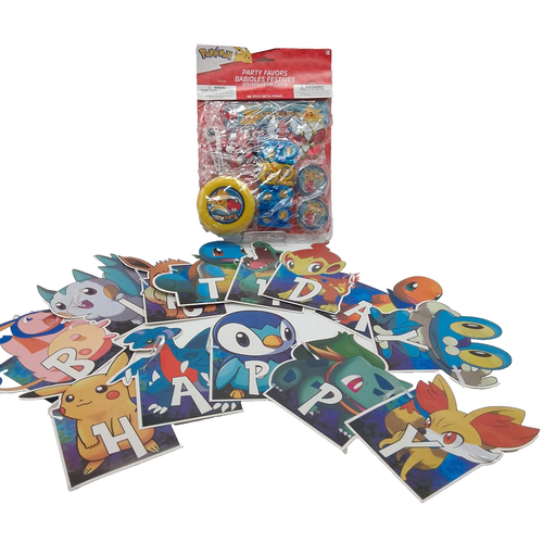 Pokemon Mega Mix Value Pack 48 Pezzi Bomboniere Festa 2022 e Striscione Buon Compleanno