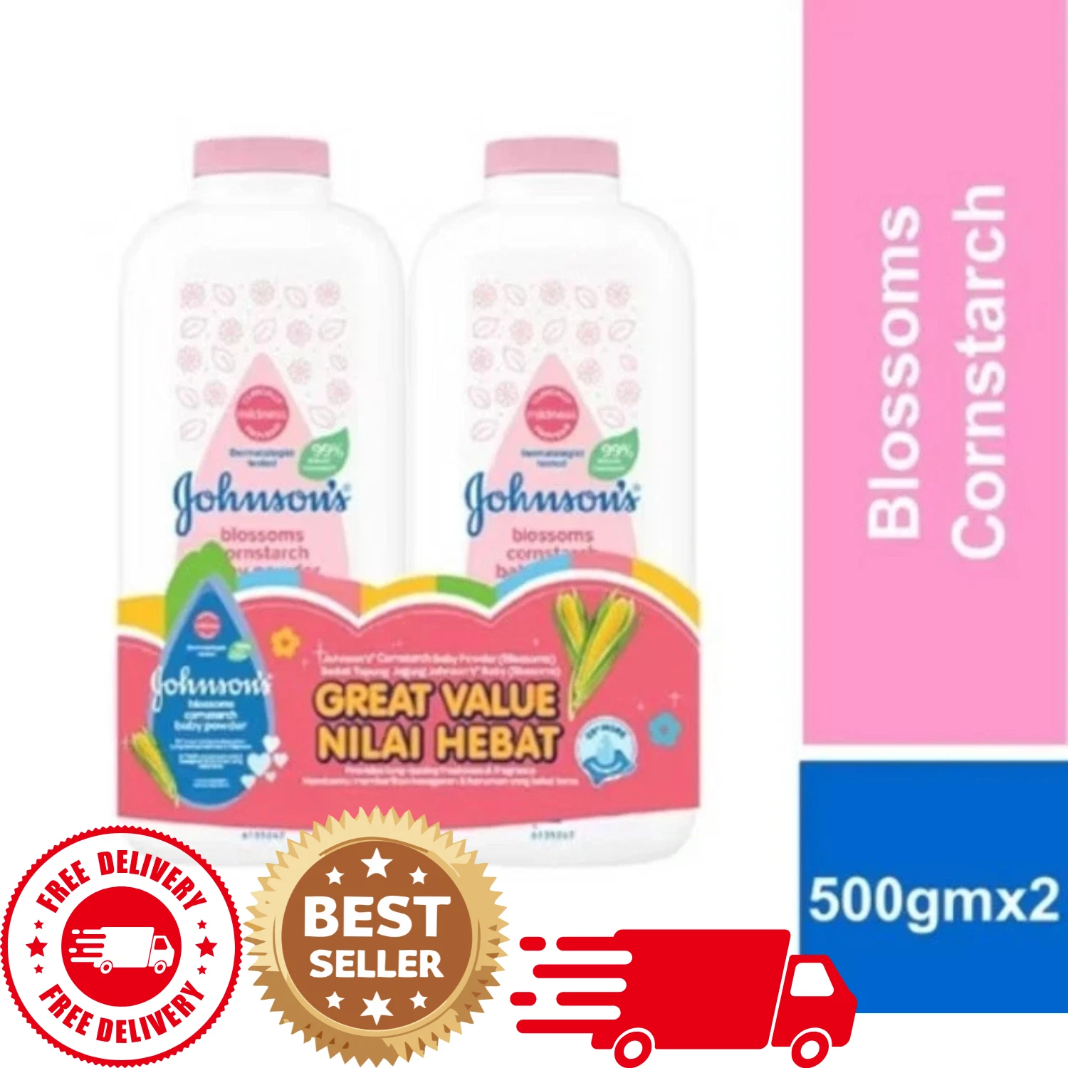 2 x 500g Johnson's Baby Powder Blossom Cornstarch 500g - Free Shipping