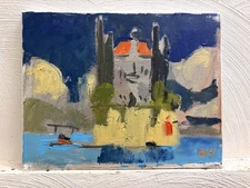 French Countryside Castle Seascape Modern Cubist Original Oil 11”x14” Canvas