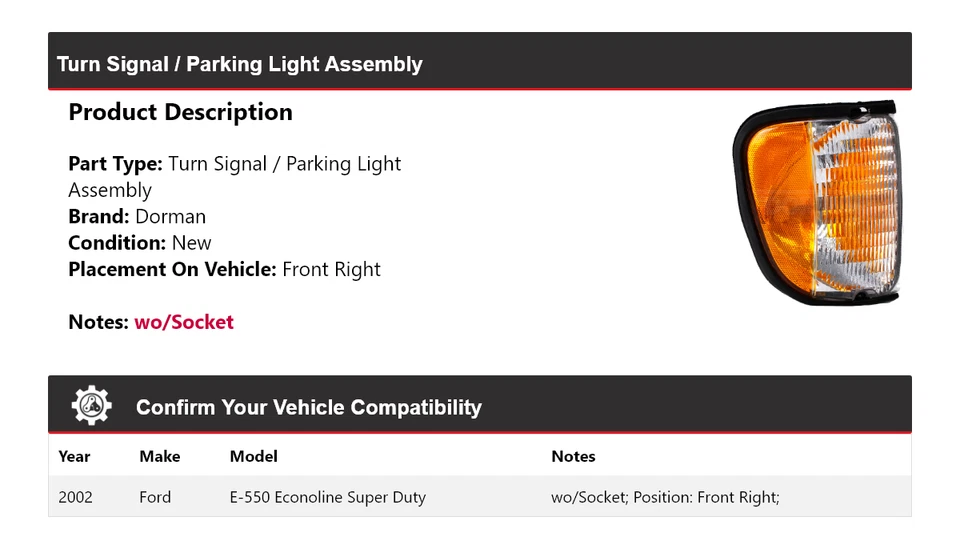 Conjunto de luz de giro/estacionamiento Dorman Super Duty para Ford E-550 Econoline 2002 Foto 2 de 4