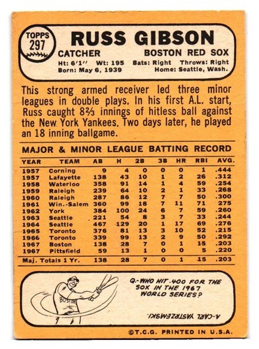 1968 Topps - #297 Russ Gibson - Picture 2 of 2