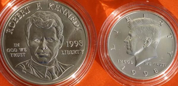 1998 Kennedy Uncirculated 2 Coin Matte Finish 50c + Silver $1 Set Damaged Sleeve - Image 2 of 4