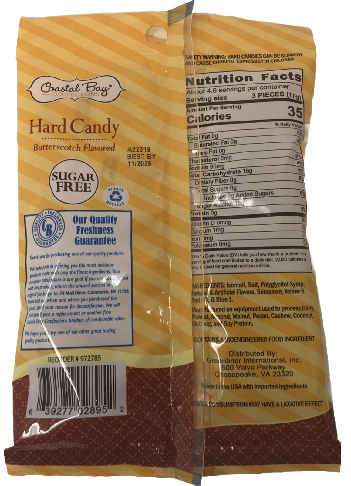 Coastal Bay Sugar Free Butterscotch Flavored Hard Candy (6 Packs) BB 11
