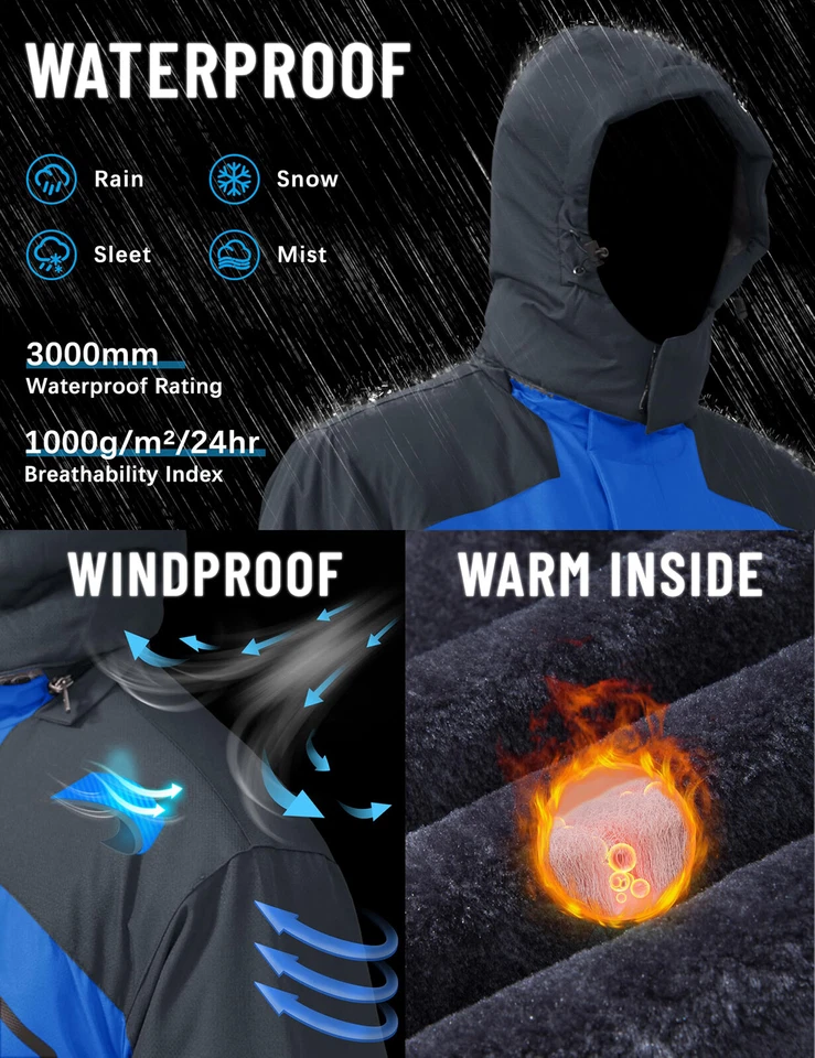 Men's Waterproof Ski Jacket Winter Warm Jackets Snow Thermal Fleece Work Coat US - Image 2 of 4