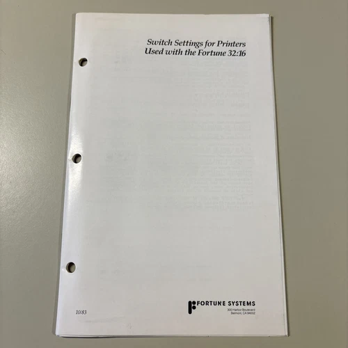 Vintage 1983 FORTUNE Systems Corp. Computer Switch Settings For Printers 32:16