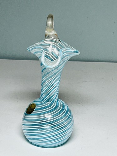 Vtg Murano Campanella Swirl Vase Ewer w Label Italy White Blue Gold 5” Tall - Picture 2 of 6