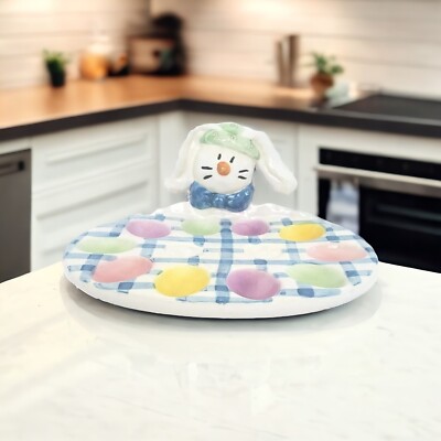 Easter Plate For Eggs With Easter Bunny Plaid, Pastel Colors, Holds 10, 11.25'' W