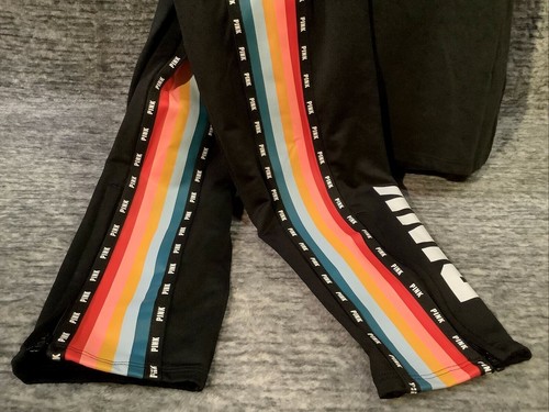 Victoria's Secret Pink Bling Rainbow Tee Shirt + Track Pants Set Black Palm L - Picture 6 of 12