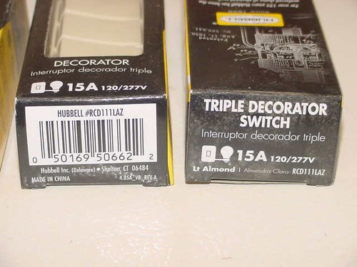 3 - Hubbell Residential Triple Switch Decorator 15A 120/277V RCD111LAZ Lt Almond - Picture 4 of 4