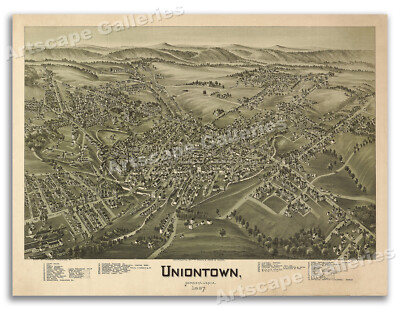 1897 Uniontown Pennsylvania Vintage Old Panoramic City Map - 24x32
