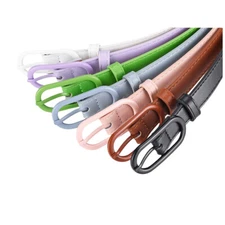 Women Oval Alloy Pin Buckle Thin Waist Belt Solid Faux Leather Narrow Waistband
