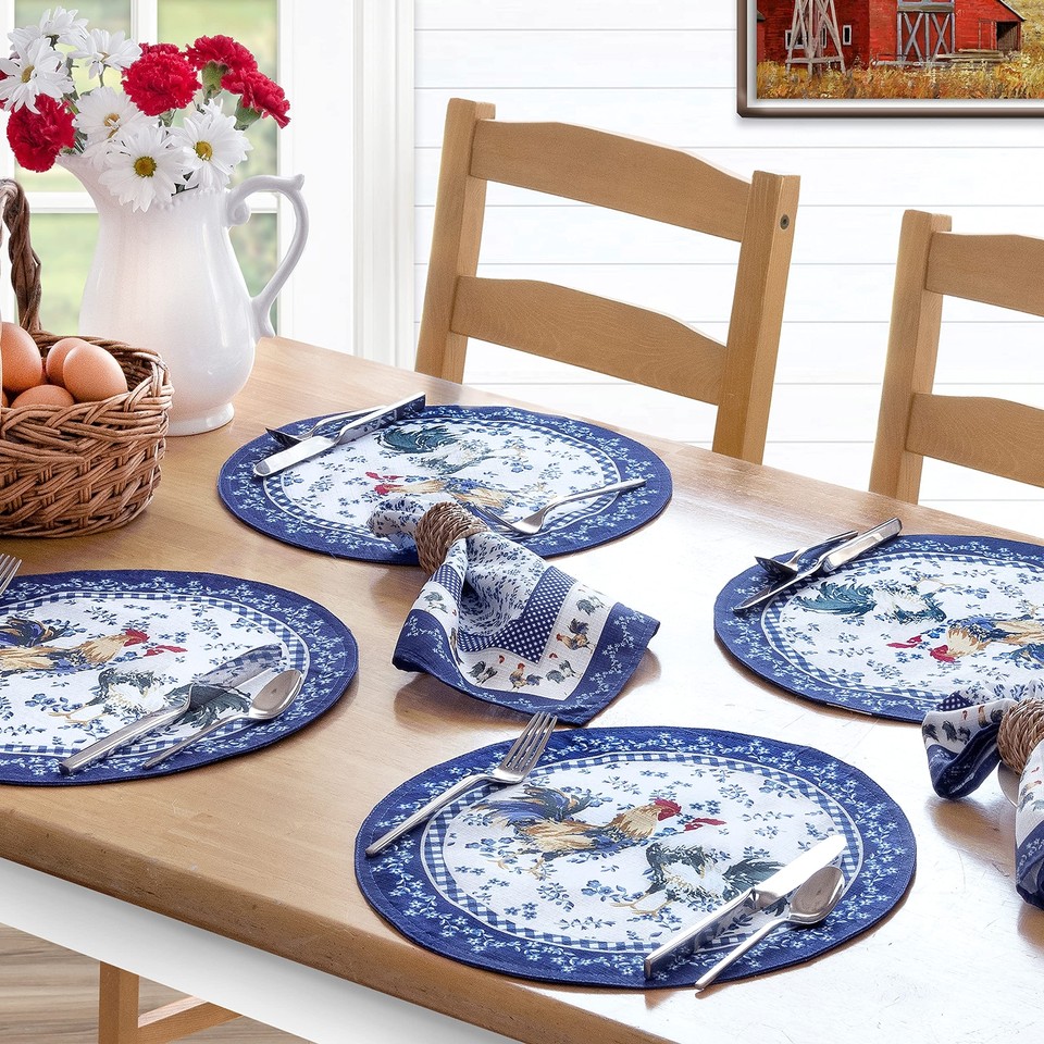 Rectangle Fabric Placemats, Set of 4 Placemats, Blue Provence Rooster