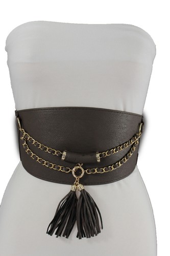 Women Belt Elastic Dark Brown Wide Corset Hip High Waist Gold Chains Fringe S M - Picture 16 of 22