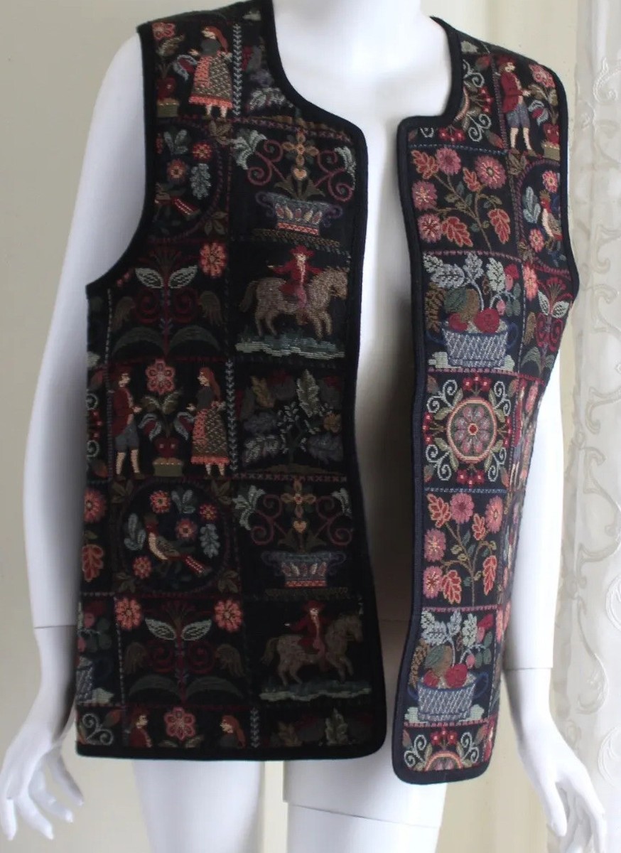 Vitabella of Norway Sz M Unusual Art Tapestry Long Open Vest