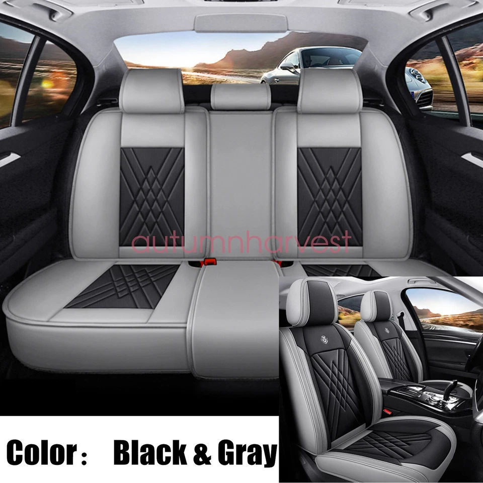 For Hyundai Sedan PU Leather Car 5-Seat Cover Front & Rear Cushion Black & Gray - Image 2 of 4