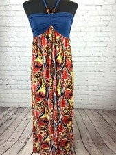 Nine West Maxi Dress Halter Strapless size S Wood Beads Paisley Floral Blue Red