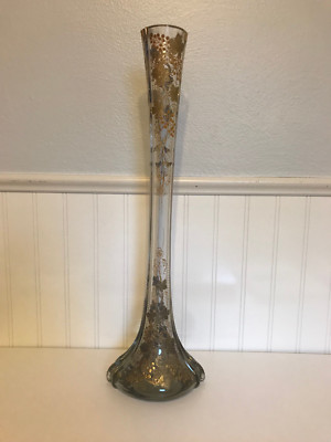 Antique Bohemian Likely Moser Tall Glass Vase W Gold Grape Vine