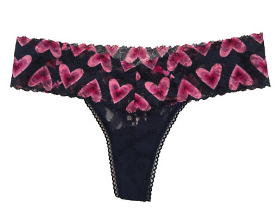 Victorias Secret Thong Tanga Panty Size XS Navy Floral Lace Pink Hearts Sexy NWT
