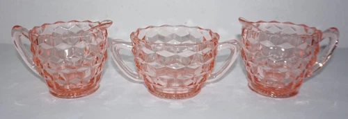 VTG Jeannette Cube Pink Depression Glass Open Sugar Mini Creamer 3pc Set Lot