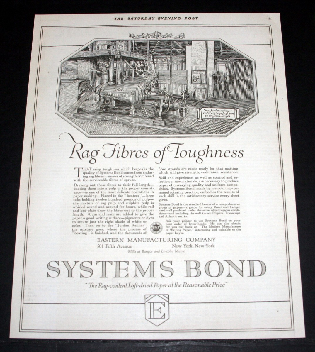 1919 OLD MAGAZINE PRINT AD, SYSTEMS BOND PAPERS, RAG FIBRES OF