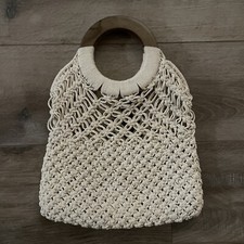 Vintage Boho Macrame Purse With Wooden Handles
