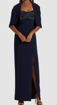 $945 Theia Women Blue Beaded Capelet Cape Brigitta Gown Dress Size 4