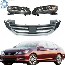 Pair For 2013-2015 Honda Accord Halogen W/LED DRL Headlights&Front Upper Grille