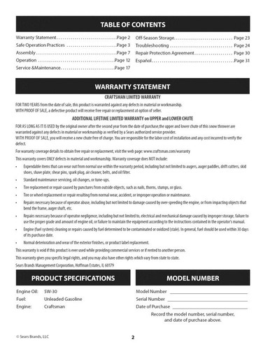 Owner’s Manual Sears Craftsman 30” Snow Thrower- Snow Blower - Model 247.883962 - Picture 2 of 3