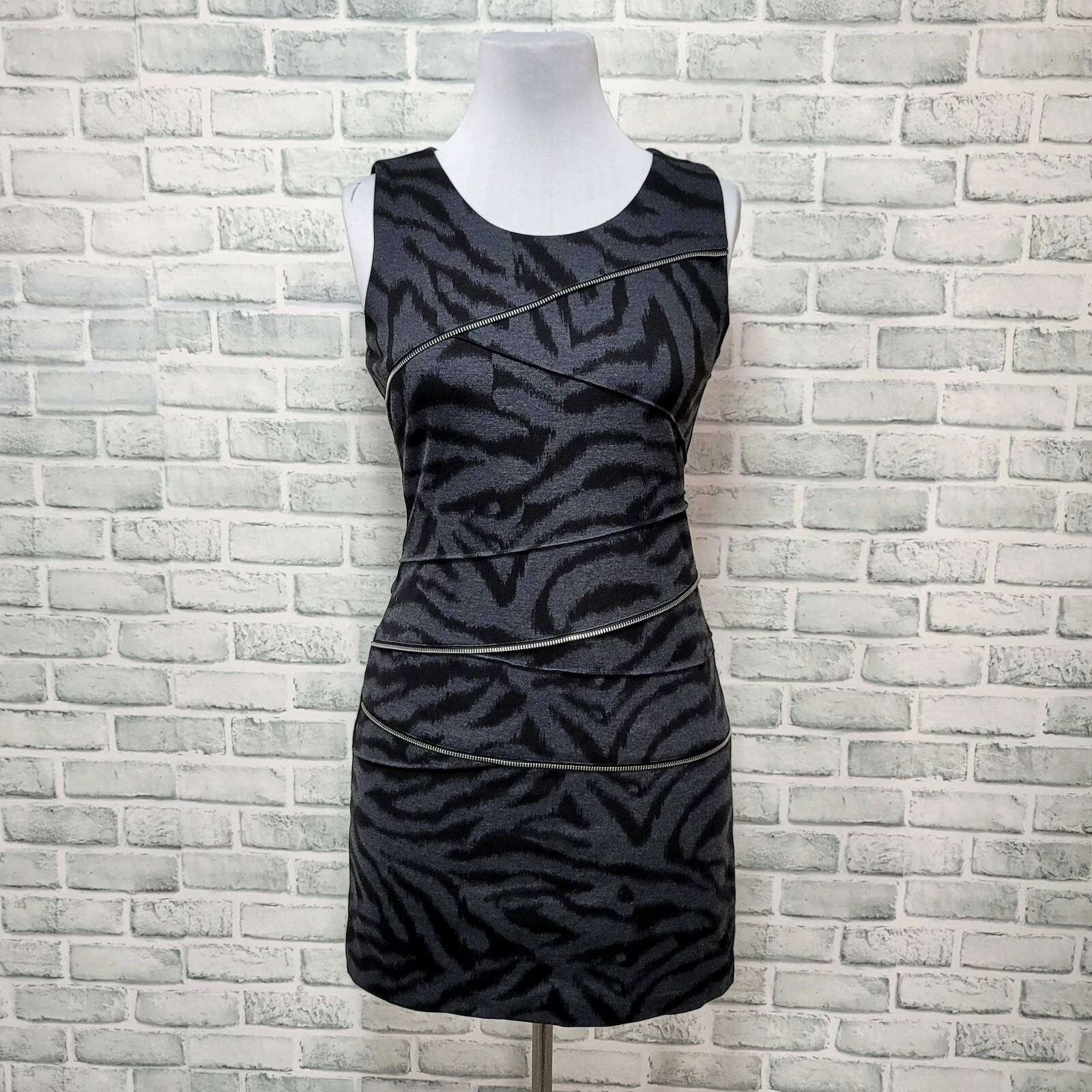 Abito Michael Kors 6 senza maniche stampa zebrata dettaglio cerniera bodycon mini dress