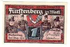 1 Mark banknote emergency money city of Fürstenberg in Meckl. 1921
