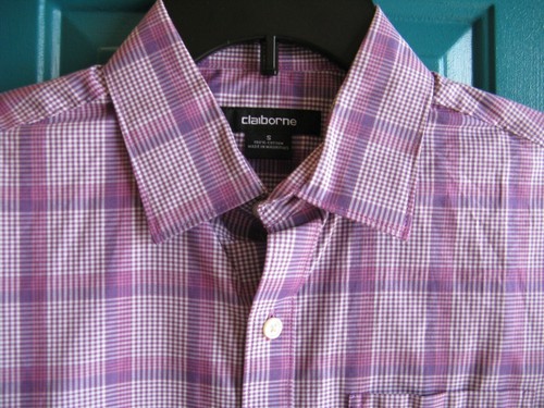 Men's Small Claiborne Button Down Shirt Plaid Purple White Cotton - Picture 2 of 3