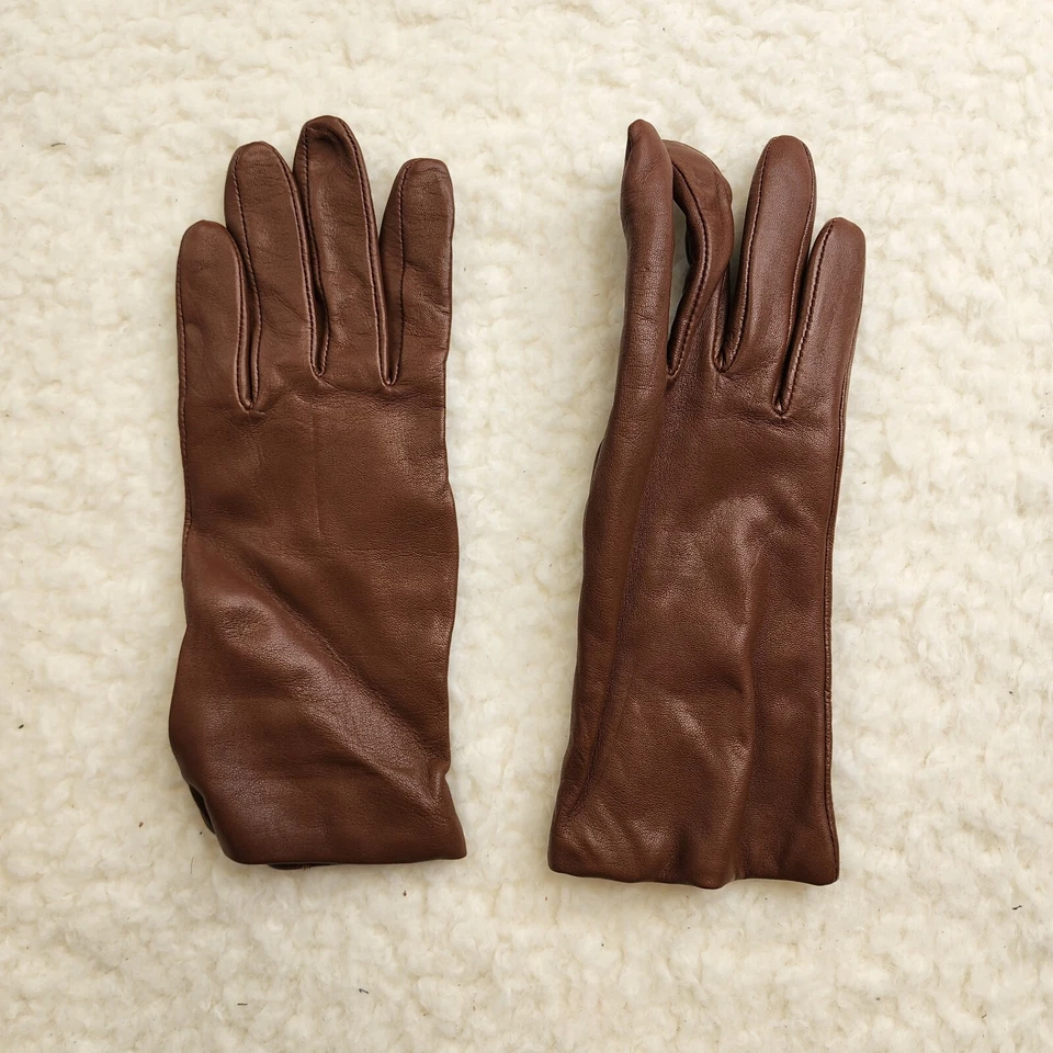 复古皮革手套 M 100% 羊绒衬里巧克力棕色旧钱 — 第 2/4 张图片