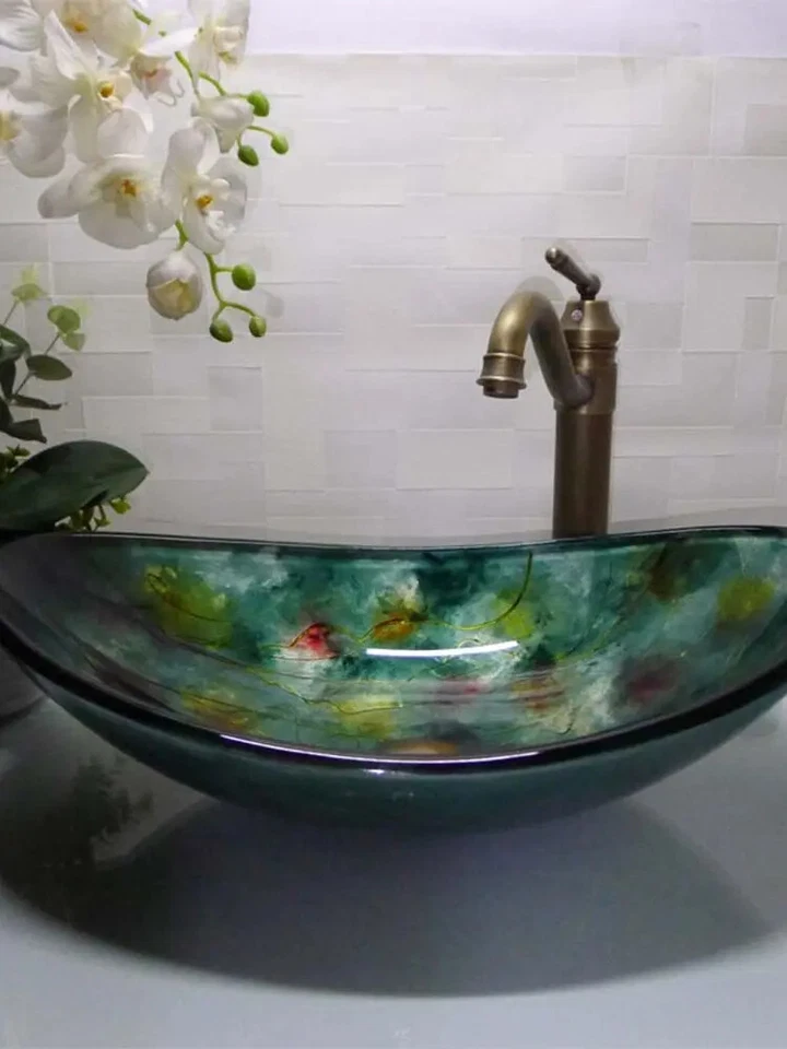 Cloakroom Boat Shape Tempered Glass Basin Bathroom Green Counter Top Sink HX017 - Image 4 of 4