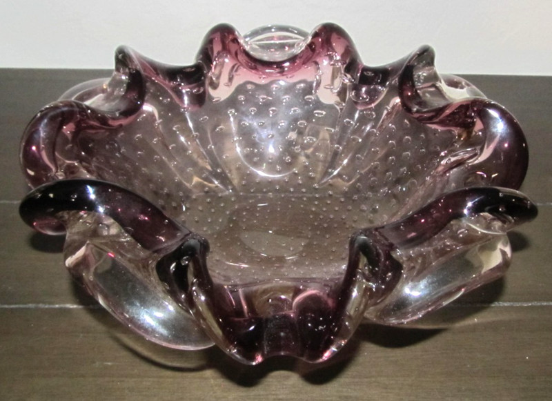 Vintage Murano Bullicante Style Purple Art Glass Bowl Dish Controlled Bubbles
