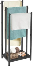 44 Inch Tall Free Standing Towel Rack with Metal Storage Shelf & 6 Hooks for Bat