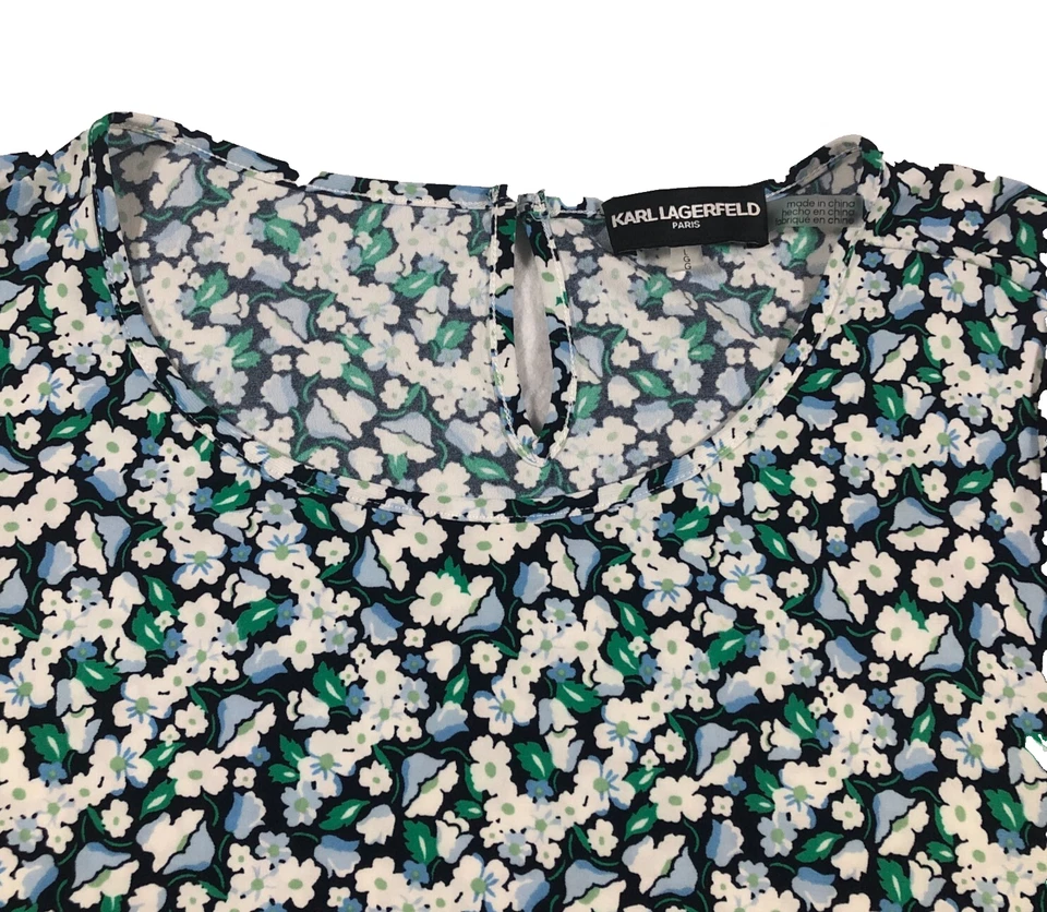 Blusa Karl Lagerfeld Mujer Talla L Azul Negra Floral Manga Corta Elastizada Foto 2 de 4