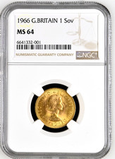 1 full Sovereign 1966✶MS64✶ Queen Elizabeth II (1952-2022)✯1st portrait✯Gold✶