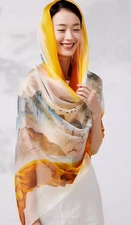 100% Silk large Scarf Women neckerchief Shawl Wrap floral yellow coffee HD118-37