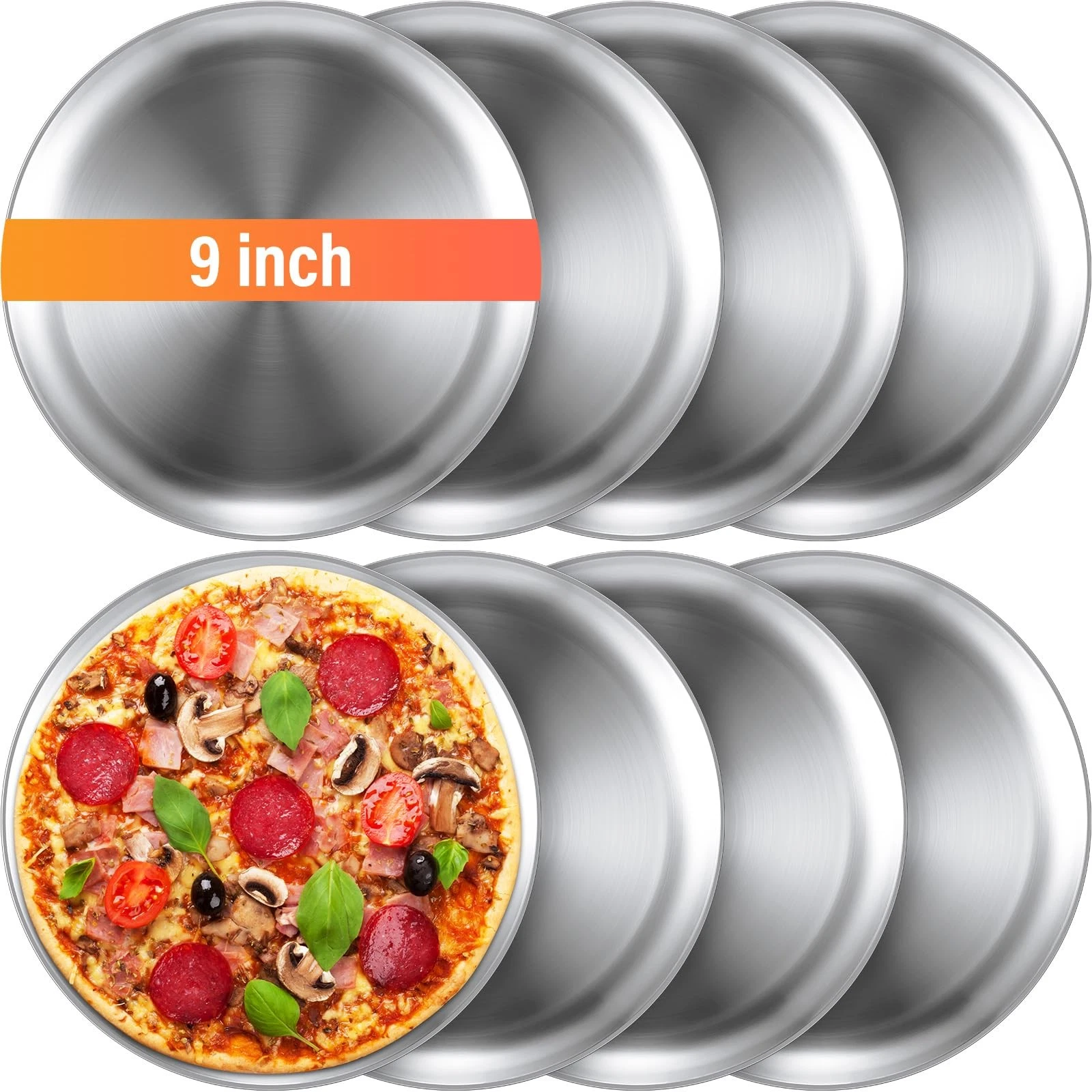 8 Pieces 9 Inch Pizza Pans Bulk Stainless Steel Sets Round Bakeware Pizza Tra...