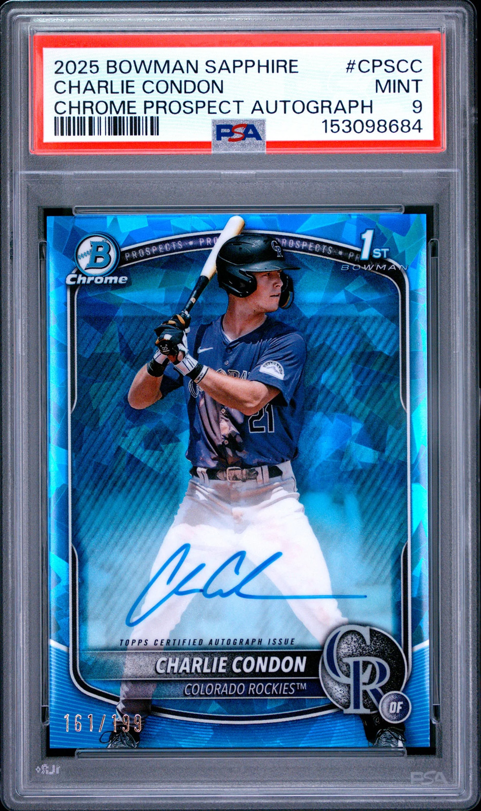 2025 Bowman Sapphire Chrome Prospects Auto Charlie Condon #/199 PSA 9
