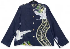 Citron Santa Monica Top Womens L Navy Blue Silk Cranes Birds Asian Floral Artsy