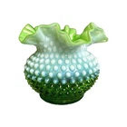 Vintage Fenton 1940s hobnail ruffle rose bowl vase lime green opalescent crimp